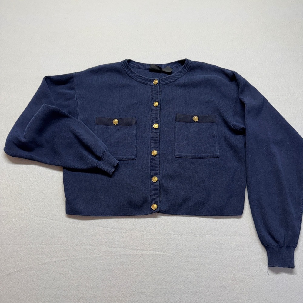 Lizsport Vintage Navy Blue Cotton Cropped Cardigan Gold Crest Buttons Mens M